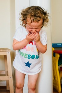 It's the threenager in action. Emma was crying hysterically because Mark was in the bathroom and she couldn't get her shorts.