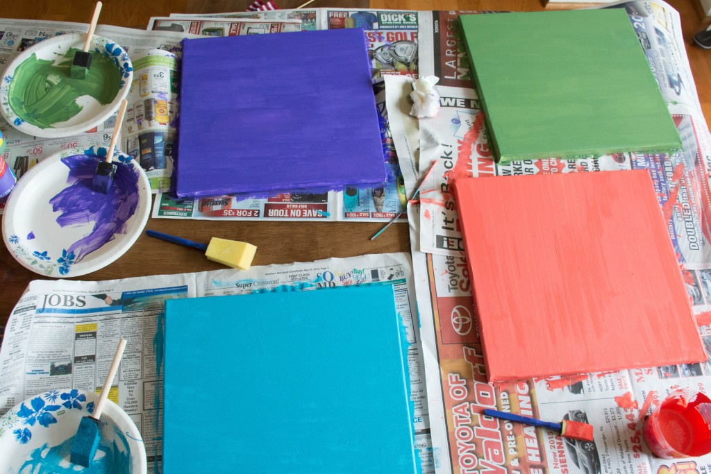 We have four 12x12 canvases ready to go. Next step: Emma's and Liam's hand prints.